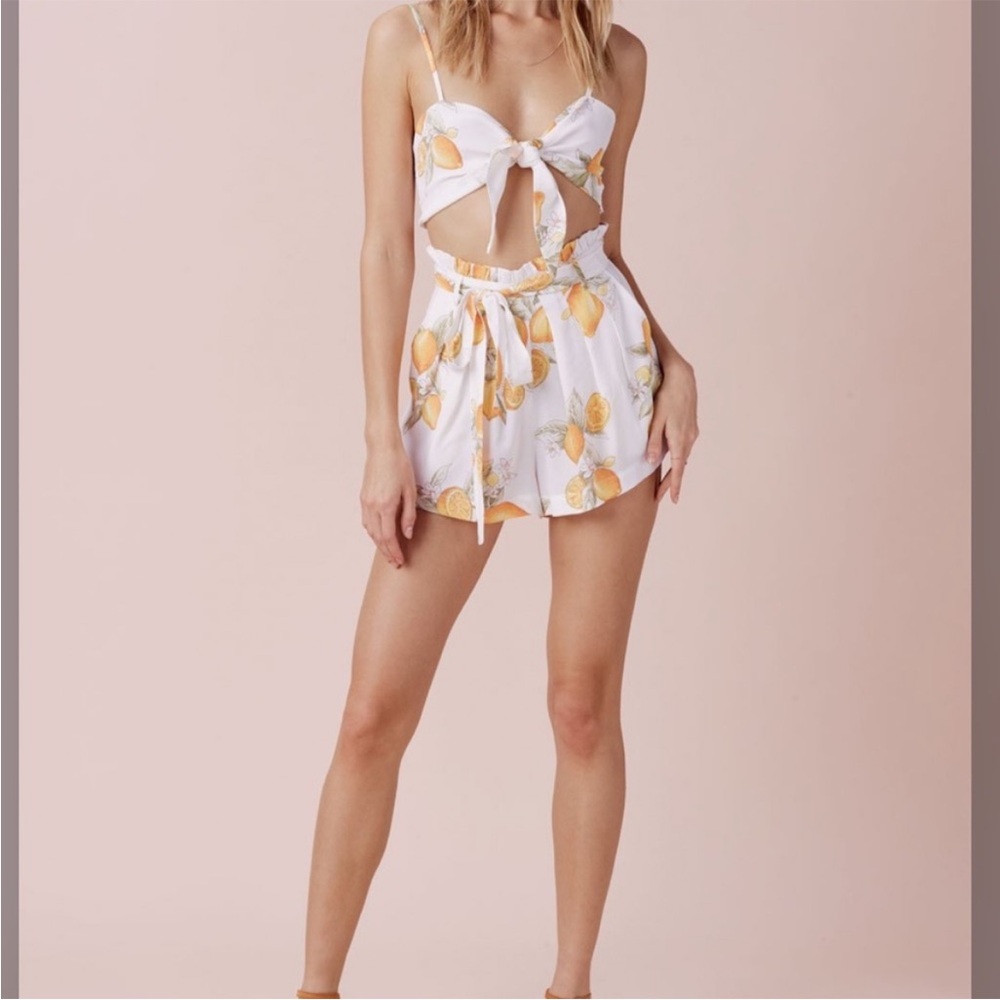 For Love & Lemons Limonada Lemonade Crop Top Tank  & Paperbag Shorts Skort Set